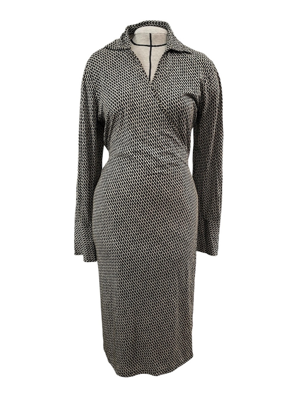 Banana Republic Black and Cream Silk Geometric Wrap-Style Long-Sleeve Dress